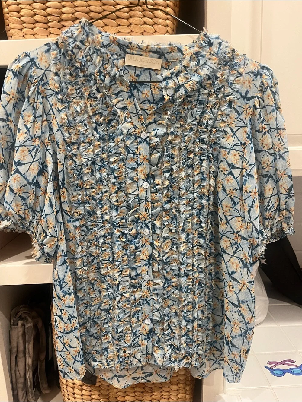 Ulla Johnson Adira Floral Smocked Short-Sleeve Blouse
